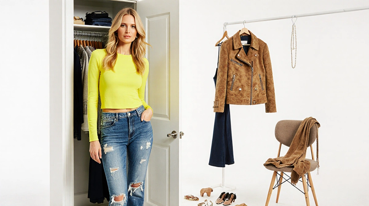 Model wearing bright yellow top with distressed denim jeans stands near brushed jacket and crop pants on chair