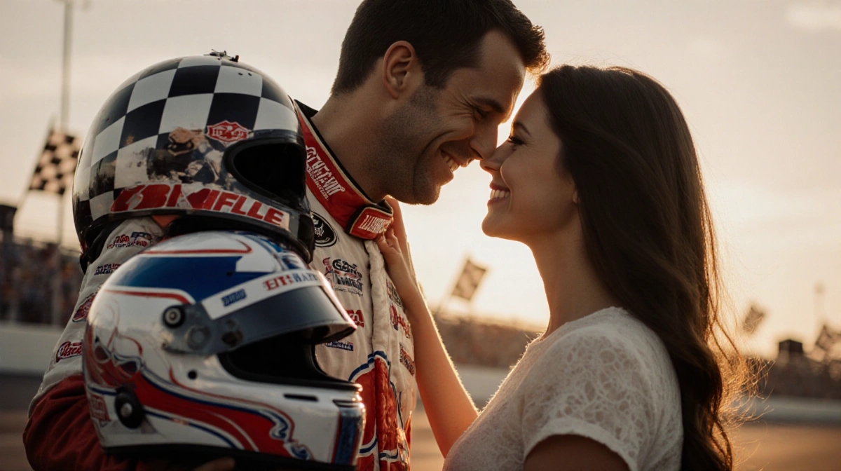Christina Biffle stands beside Greg Biffle's racing helmet with loving eyes and checkered flags showing their NASCAR love sto