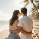 Christina Haack embracing boyfriend on Hawaiian beach with ocean view and palm trees