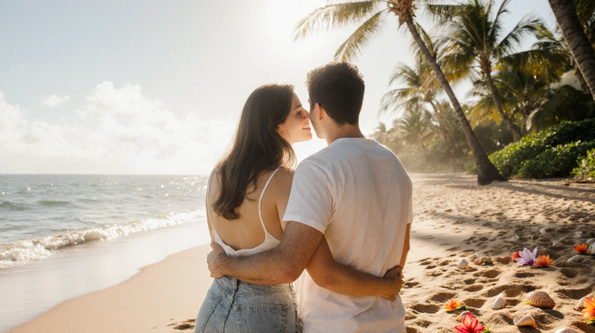 Christina Haack embracing boyfriend on Hawaiian beach with ocean view and palm trees