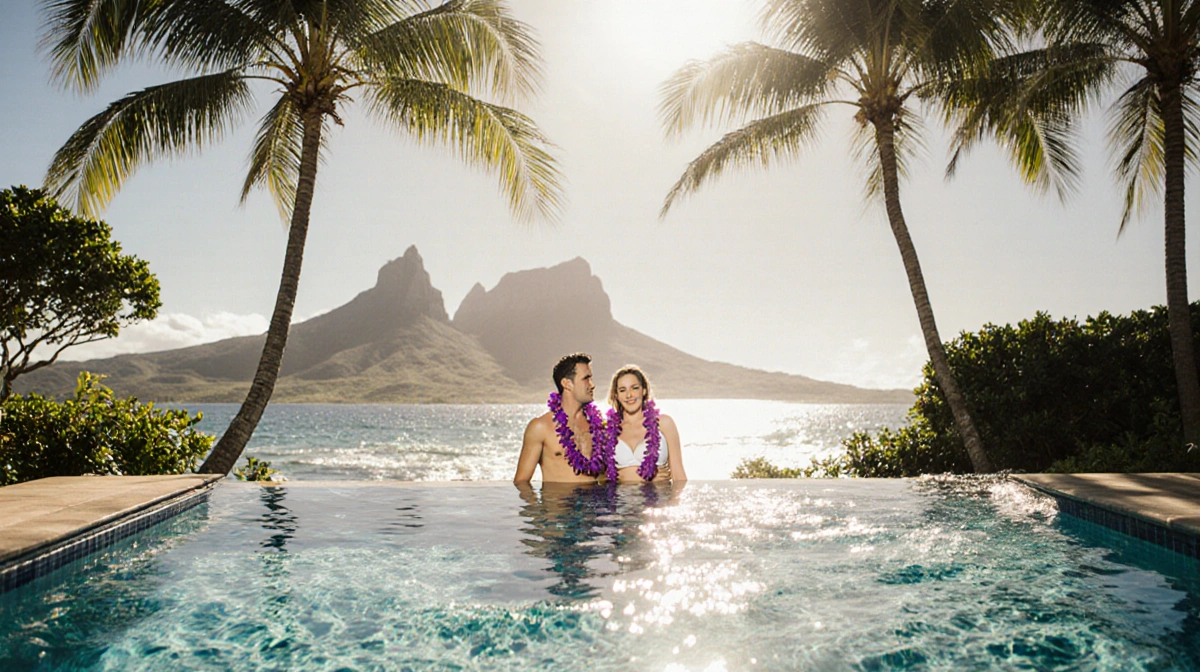 Christina Haack and Chris Larocca relaxing poolside with Hawaiian palm trees and ocean waves at their feet
