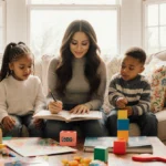 Christina Milian laughing with her children on a plush couch under sunlight in a sun‑drenched living room.