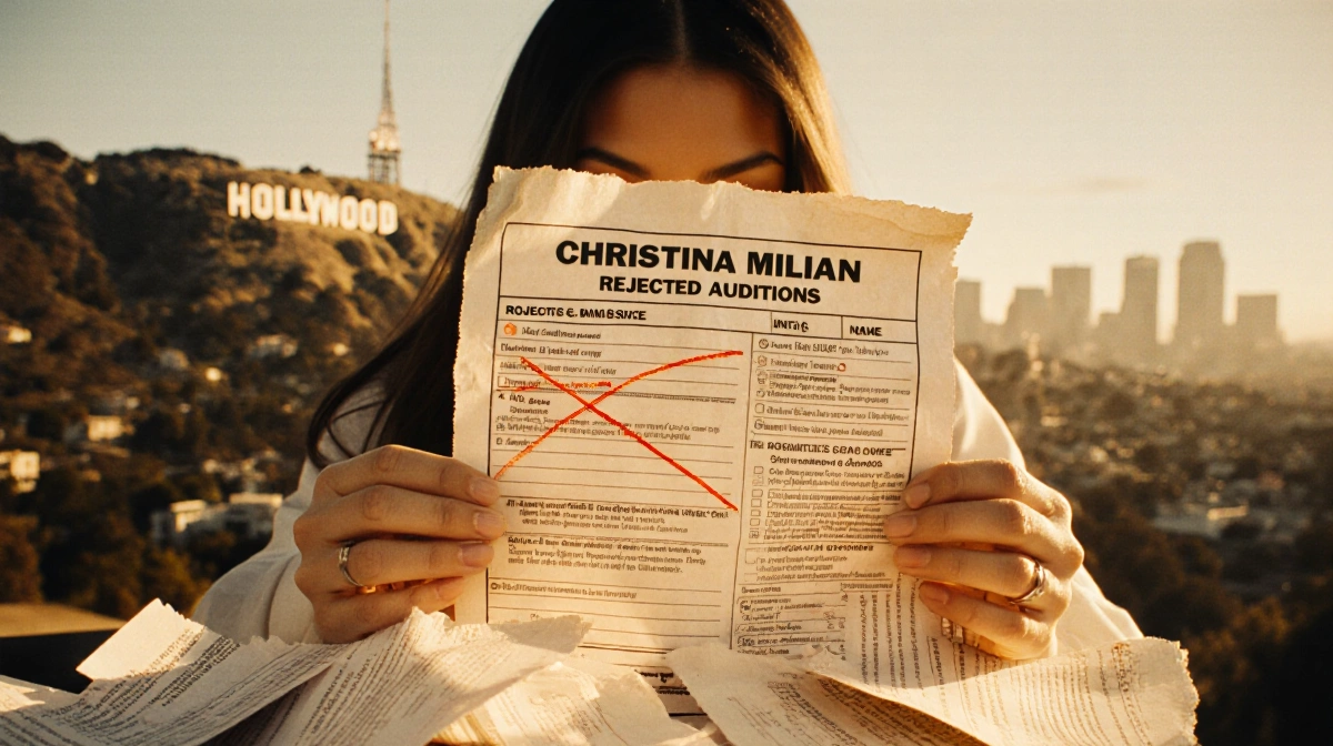 Christina Milian holds rejected casting sheet with Hollywood sign blurred behind and golden light warming the scene