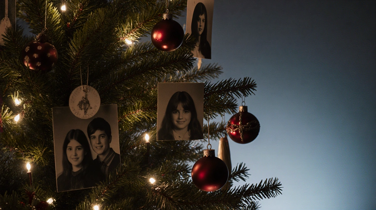 Christmas tree glowing with family photos and mementos with single ornament on floor