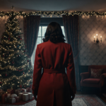 Woman standing near Christmas tree with red coat and dim lighting casting shadows.