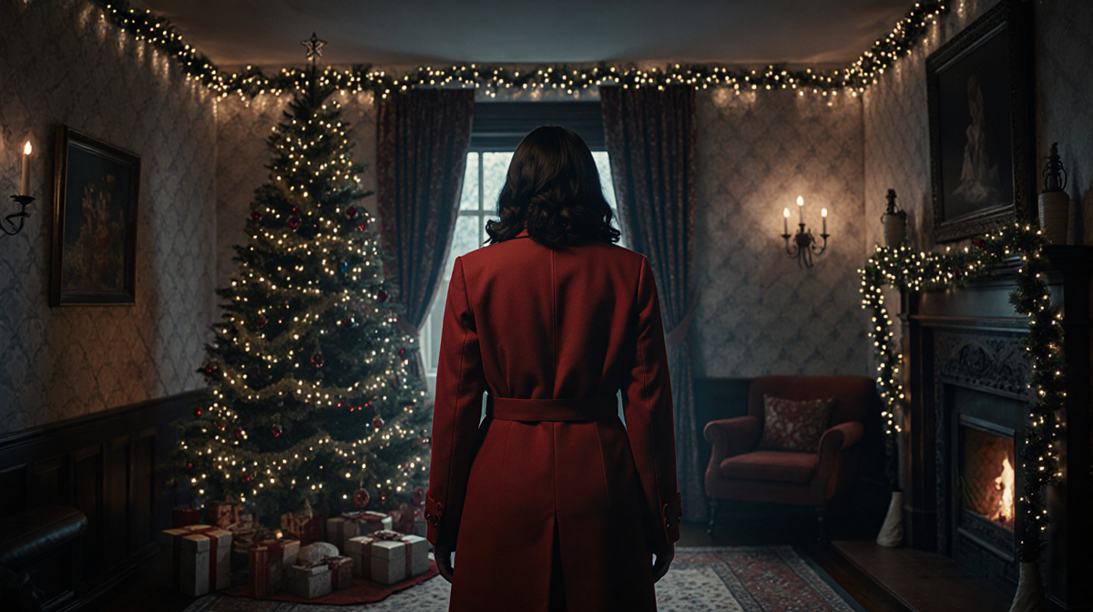 Woman standing near Christmas tree with red coat and dim lighting casting shadows.