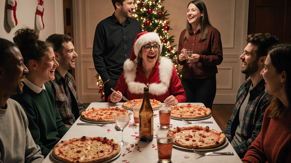 Suzanne Jovin celebrates Christmas pizza party with volunteers and IDD guests at Trinity Lutheran Church