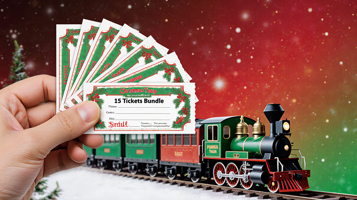 Person holding bundle of Christmas train tickets with a drawn ticket and a bundle sticker