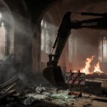 Excavator arm looms over church fire damage with smoke-filled windows and scattered debris