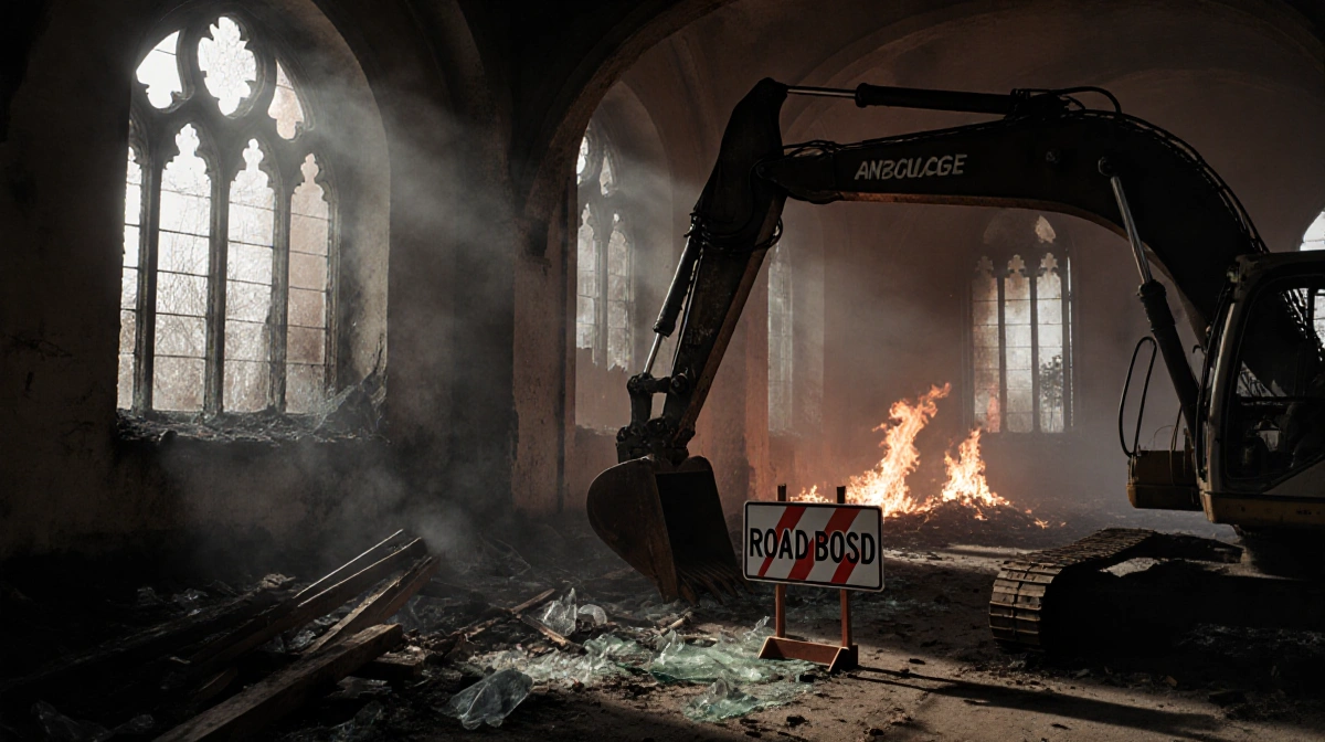 Excavator arm looms over church fire damage with smoke-filled windows and scattered debris