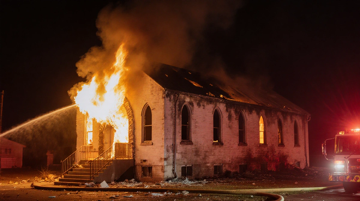 Former church building burning with flames and broken windows showing debris on West Parthenia Street