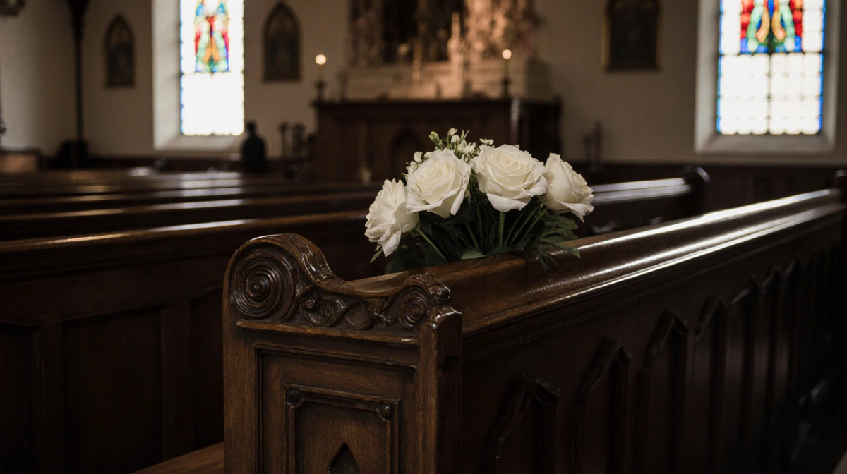 White flowers rest on wooden pew with stained glass windows casting soft light through church interior