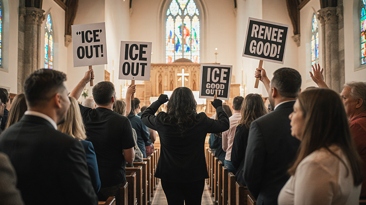 Protesters marching towards pulpit with congregation shocked and defiant in church confrontation.