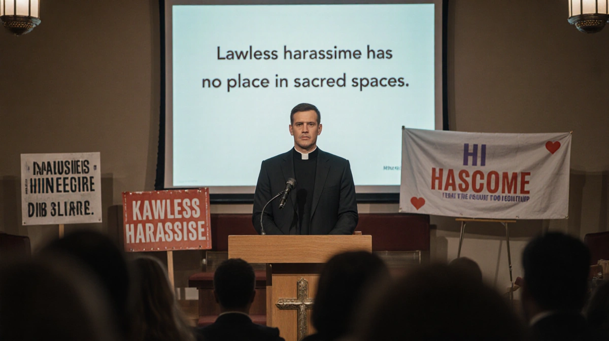 Pastor addresses congregation from pulpit with protest signs visible through windows and message on screen about protecting s
