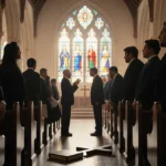 Worshippers and protesters facing each other across church aisle with broken cross on floor and stained glass light on faces