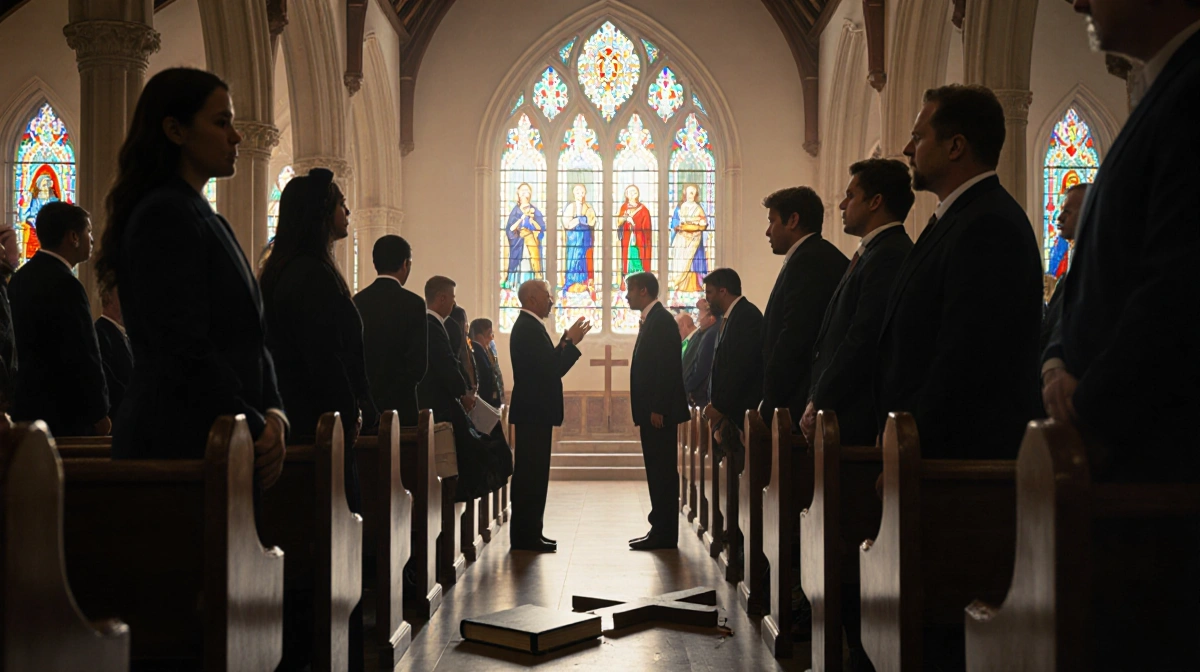 Worshippers and protesters facing each other across church aisle with broken cross on floor and stained glass light on faces
