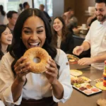 Ciara Miller enjoying a toasted bagel with friends playing Stack & Spill and chef preparing fresh toppings at Panera Bread