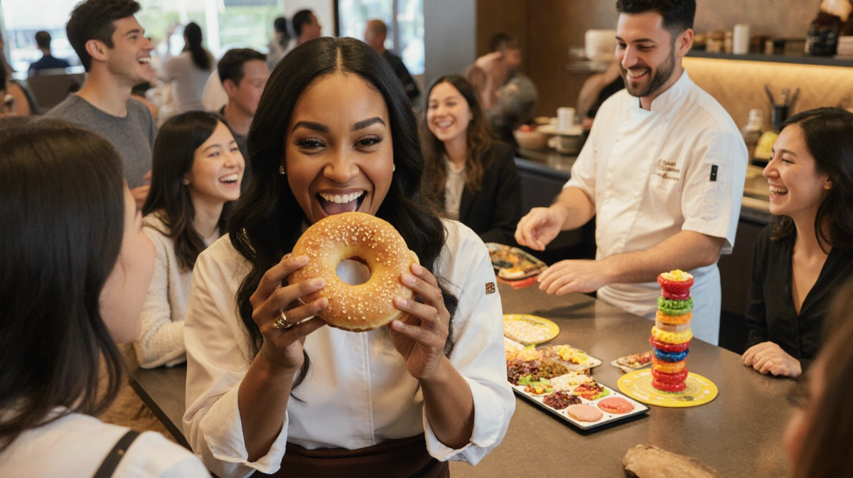Ciara Miller enjoying a toasted bagel with friends playing Stack & Spill and chef preparing fresh toppings at Panera Bread
