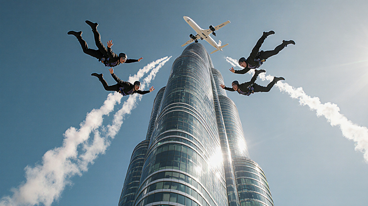 Skydivers performing in sync near Ciel Dubai Marina glass spire with vapor trails and a blurred plane overhead