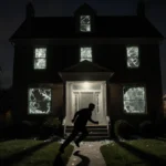 Male silhouette fleeing from broken windows of a dimly lit Cincinnati home with shattered glass and a tense night backdrop