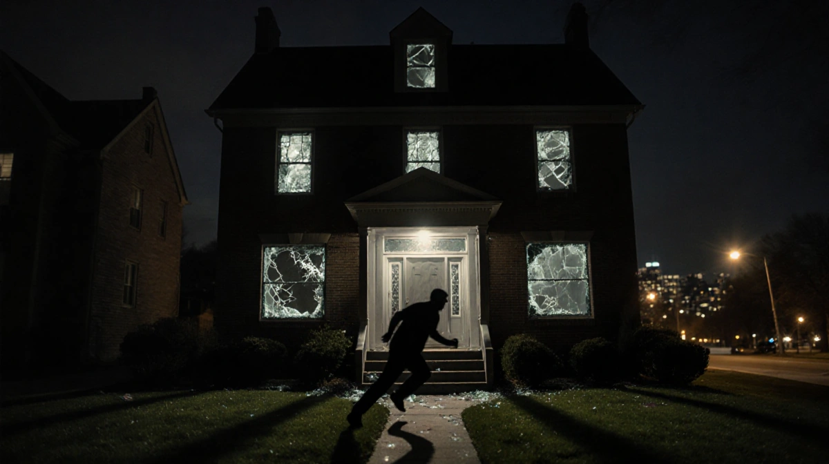 Male silhouette fleeing from broken windows of a dimly lit Cincinnati home with shattered glass and a tense night backdrop