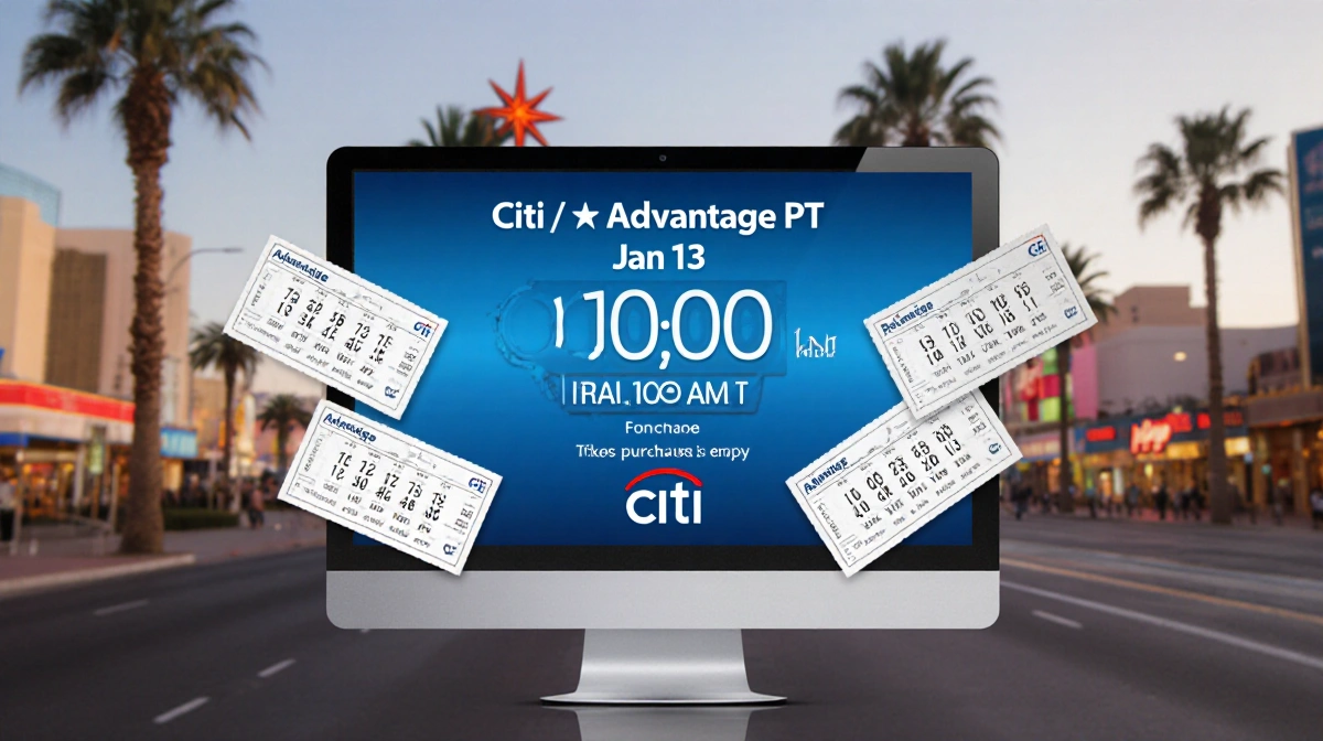 Computer screen showing Citi AAdvantage presale countdown timer with January 13 10 AM PT and tickets around it with Las Vegas