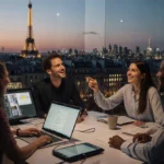Entrepreneurs discuss strategy with laptops and screens with Eiffel Tower and modern office skyline in background