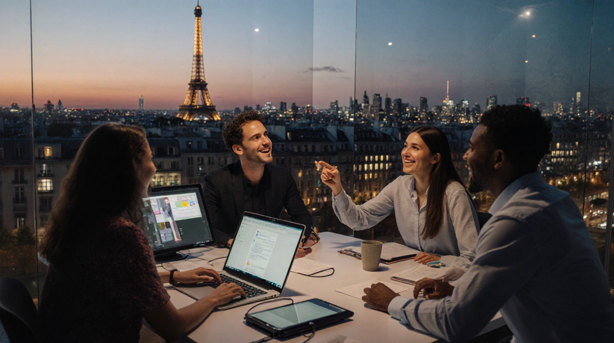 Entrepreneurs discuss strategy with laptops and screens with Eiffel Tower and modern office skyline in background