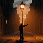 Figure standing under city streetlamp silhouette with warm orange glow and long midnight shadow beckoning night.