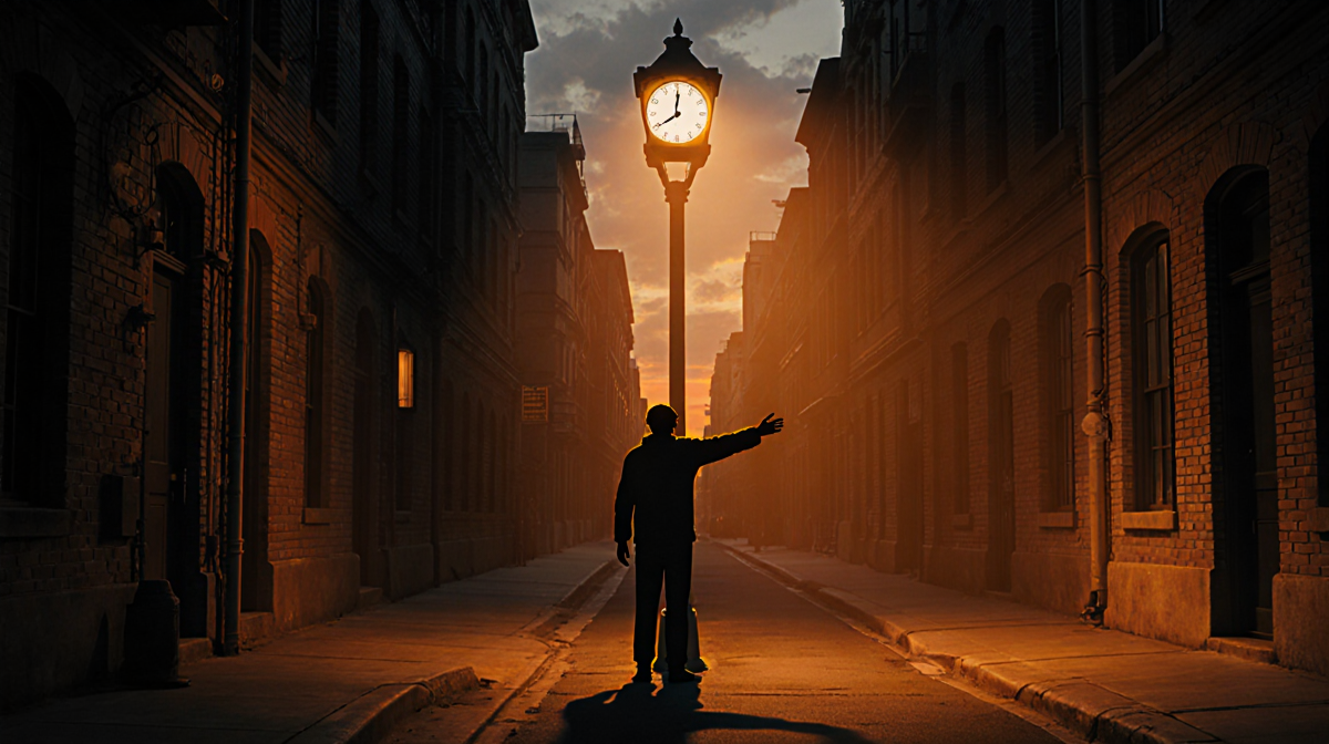 Figure standing under city streetlamp silhouette with warm orange glow and long midnight shadow beckoning night.