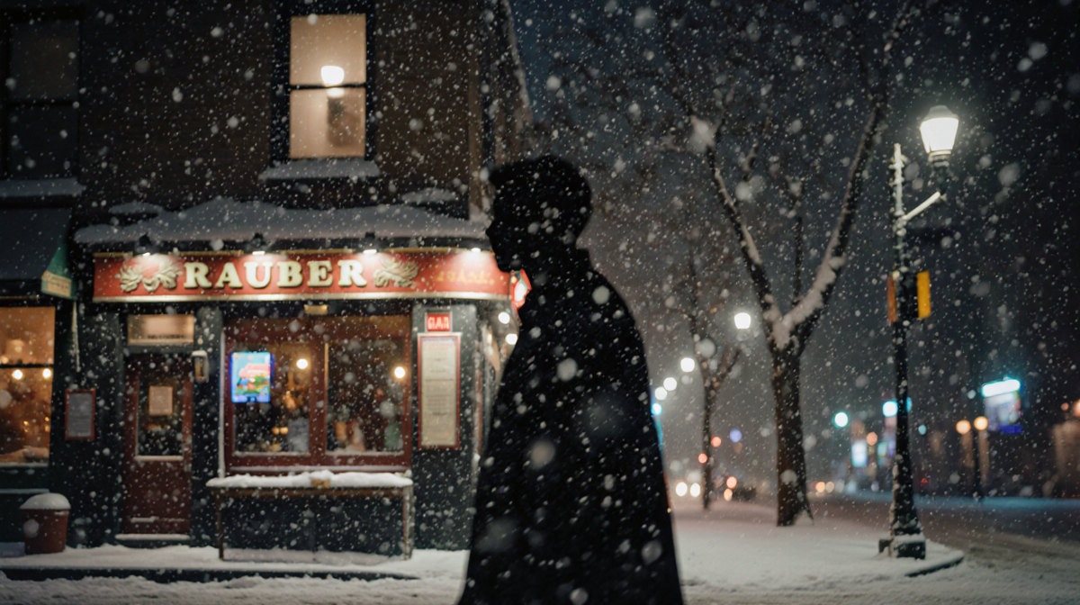Lone figure walking west on West 5th Avenue with falling snow and dim streetlamp glow at night