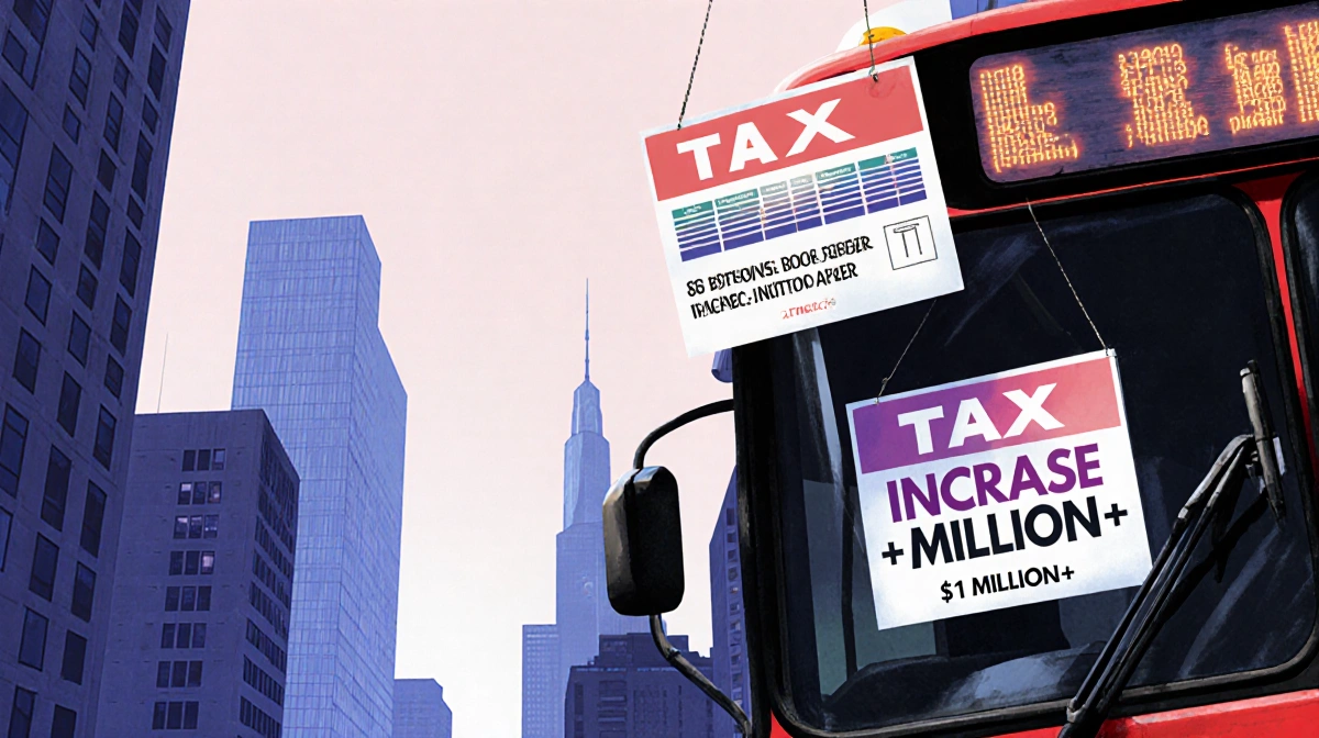 Public bus displaying a Tax Increase sign with skyscrapers towering behind and subtle tax bracket illustration nearby.