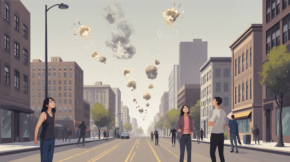 People looking up at cityscape with sound waves and faint smoke from blasts.