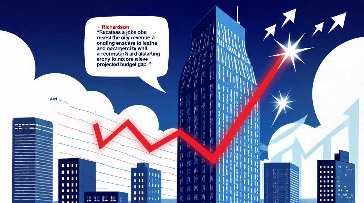 Modern skyscraper rises with bright lights and rising arrows while red declining graph shows oil revenue drop behind