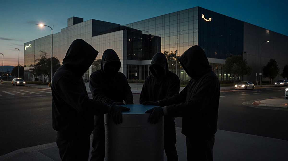 Four hooded figures gripping a large cylinder with streetlights and a dusk logistics center behind them