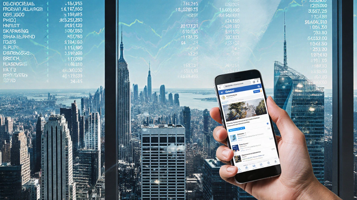 Hand holding smartphone showing social media page through glass window with stock ticker and city skyline beyond