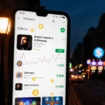 Giant smartphone screen lights up streetlamp with Drake streams morphing into crypto symbols and casino backdrop.