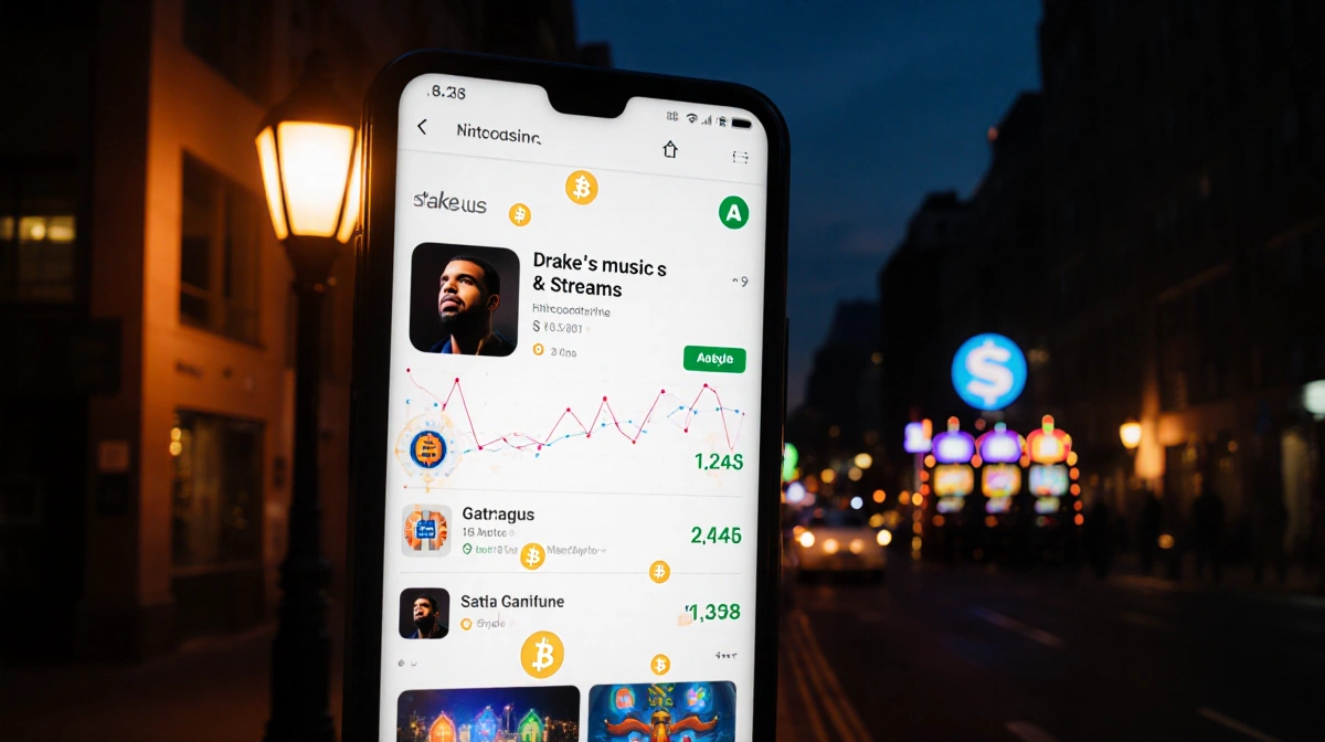 Giant smartphone screen lights up streetlamp with Drake streams morphing into crypto symbols and casino backdrop.