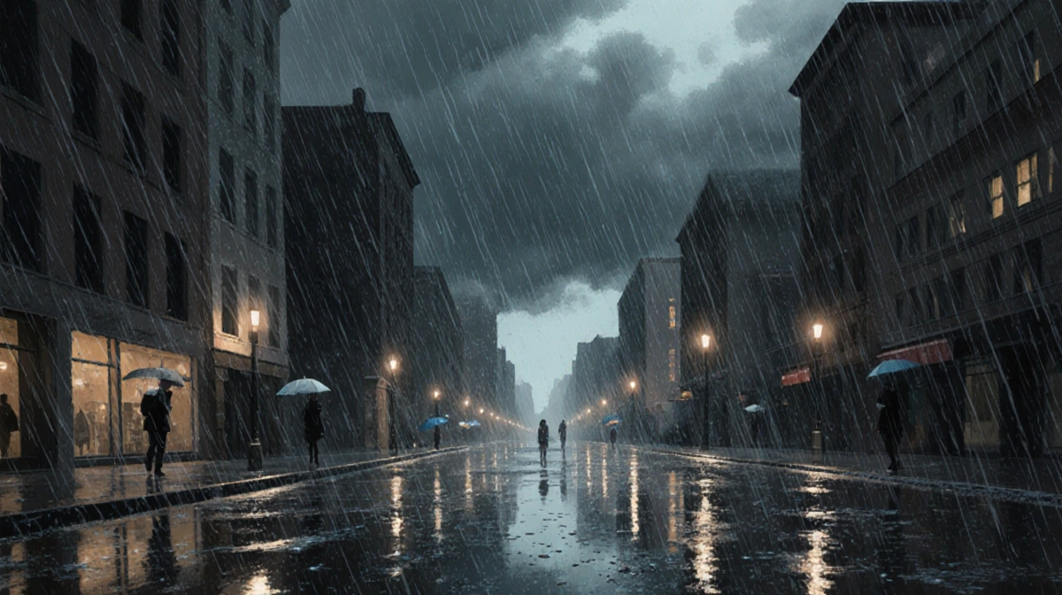 Raindrops falling over city streets with puddles reflecting streetlights and people huddling under umbrellas during a storm.