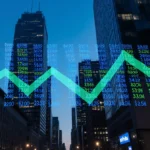 Stock market ticker scrolls across metallic surface with city skyline and blue-green growth charts behind