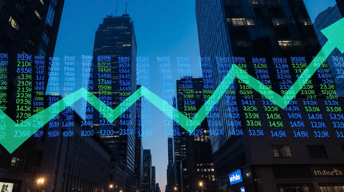 Stock market ticker scrolls across metallic surface with city skyline and blue-green growth charts behind