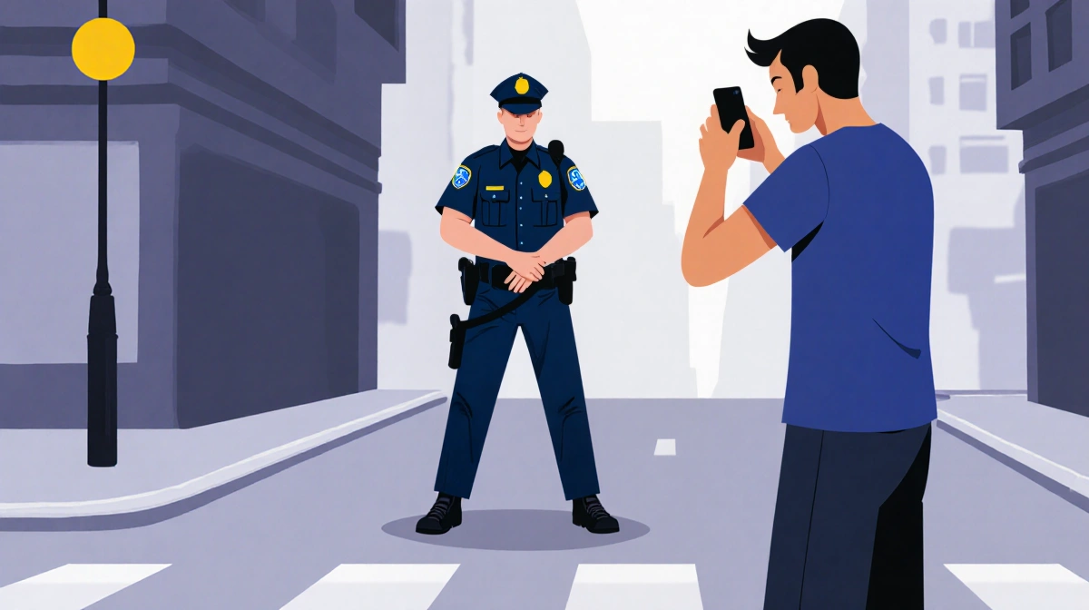 Police officer stands with hands visible and feet shoulder-width apart as bystander holds a smartphone in civil rights street