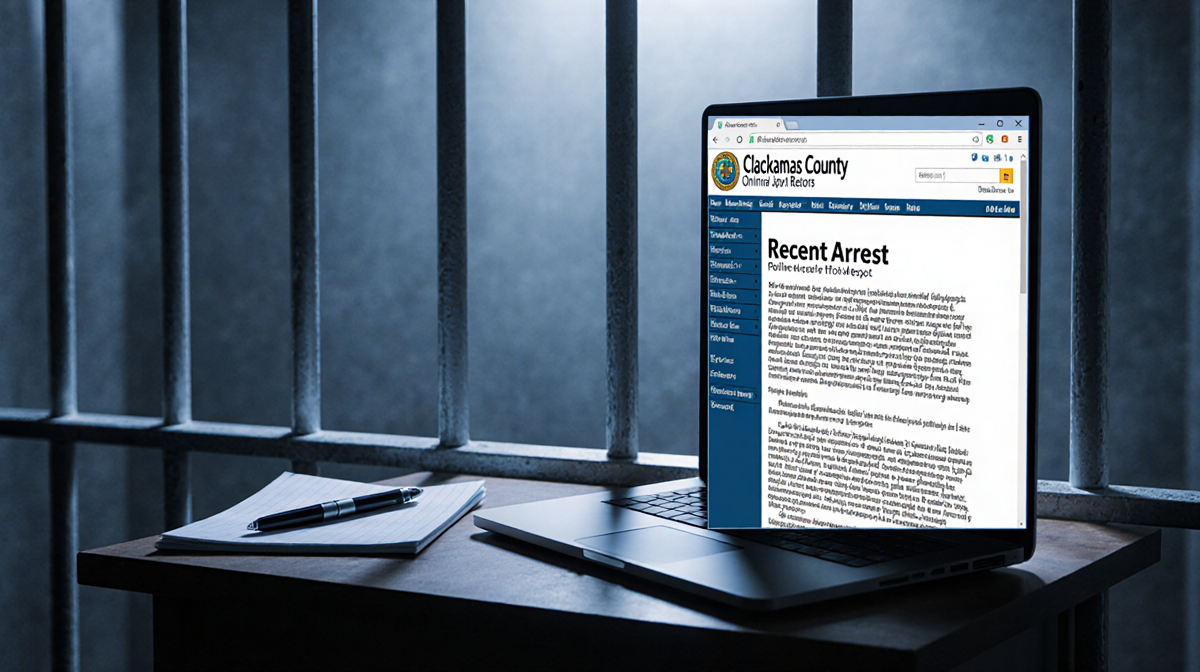 Laptop displays arrest record page with blue gradient jail cell background and notepad showing Clackamas County jail records