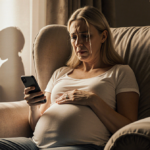 Claire Danes sits on armchair cradling her belly with phone in hand and shadow of child behind her