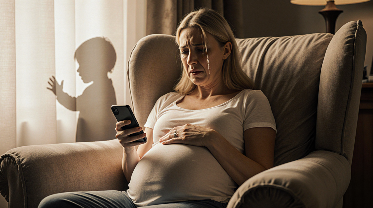 Claire Danes sits on armchair cradling her belly with phone in hand and shadow of child behind her
