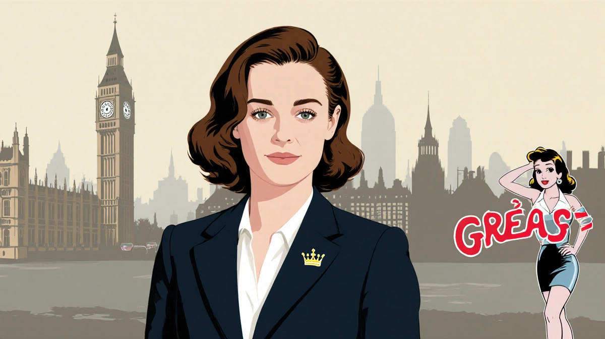 Claire Foy stands confidently in attire with a crown emblem on her chest against a London skyline and a diner silhouette.