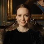 Claire Foy smiling while sitting in a plush armchair with warm lighting and a subtle crown motif in the background.