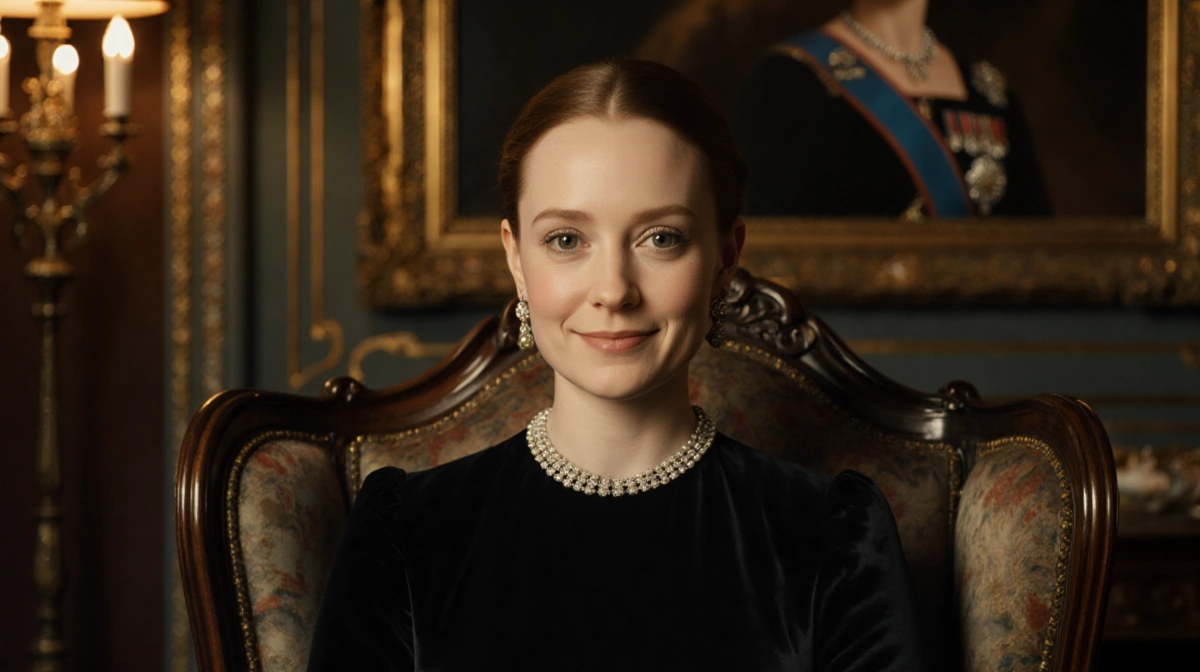 Claire Foy smiling while sitting in a plush armchair with warm lighting and a subtle crown motif in the background.