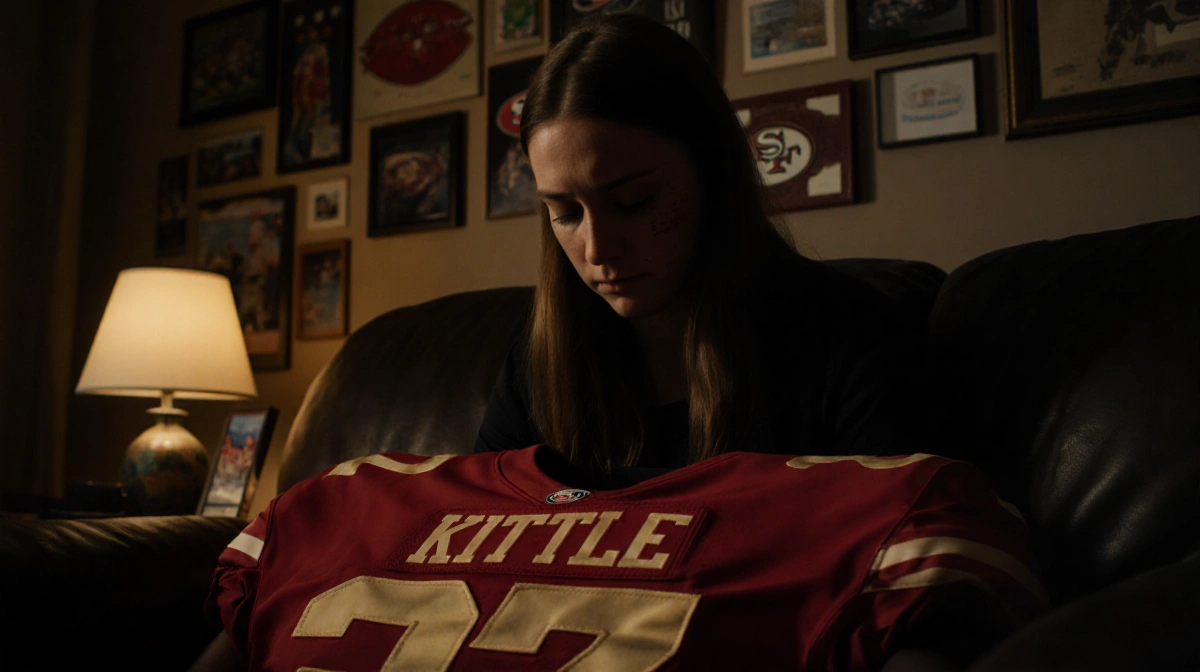Claire Kittle sits alone with 49ers jersey and sports photos showing the emotional impact of her injury