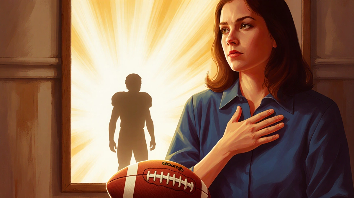 Claire Kittle sitting determined with football in hand and George's shadow behind her showing love and support